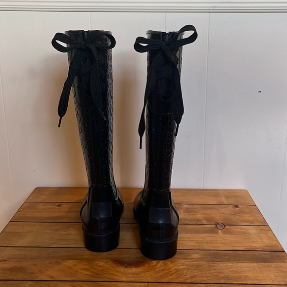 Coach Jacquard C Laced Up Back Bow Heeled Black Tall Rainboots Women's Size 6 - Picture 4 of 11